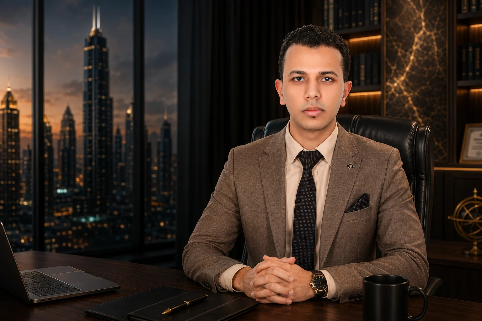 أحمد المدني — محاسب أول واستشاري مالي، في مكتبه التنفيذي