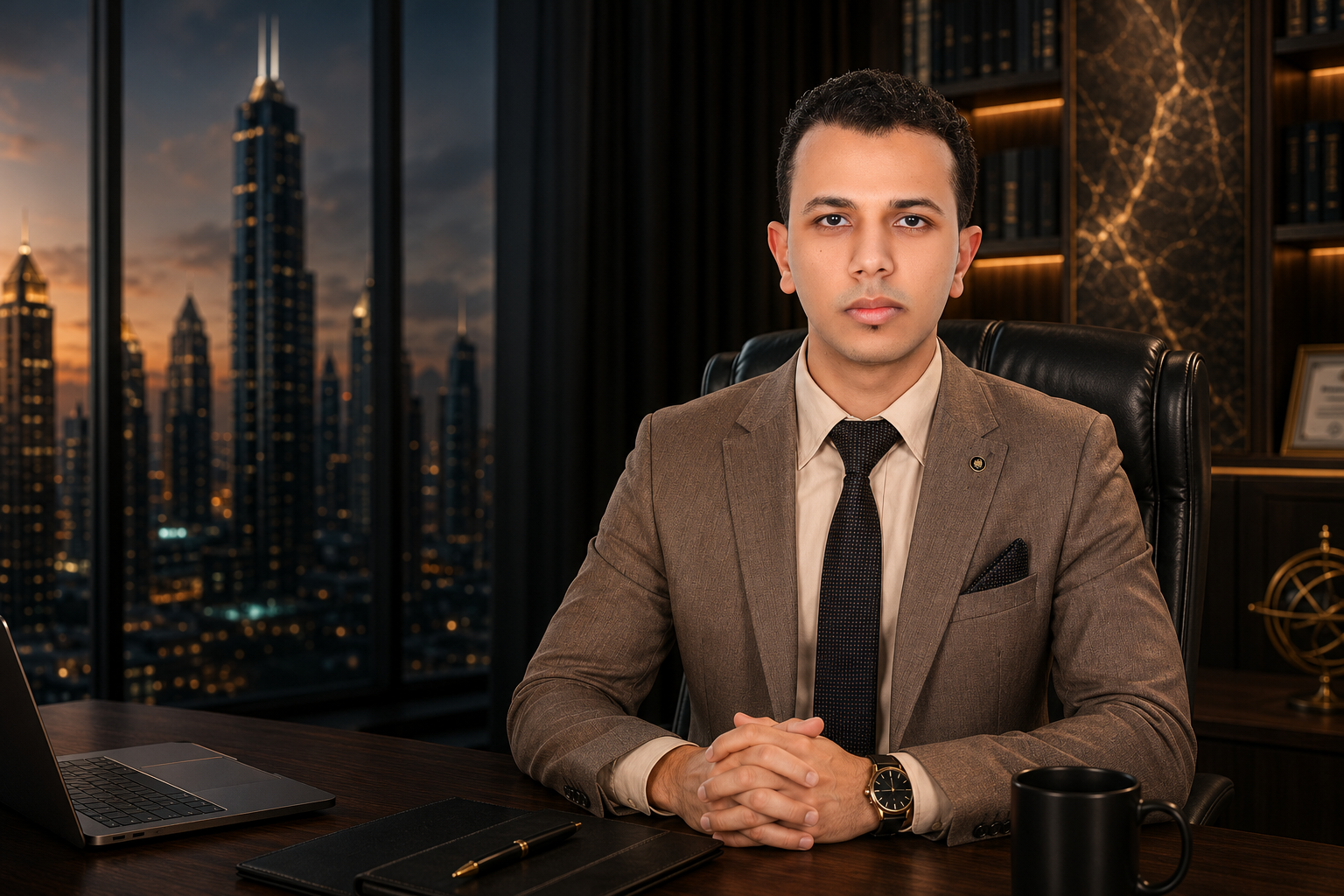 أحمد المدني — محاسب أول واستشاري مالي، في مكتبه التنفيذي